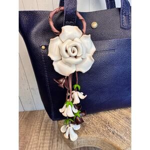 Leather White Rose Purse Charm Genuine Leather Flower Bag Charm NEW FAST SHIP
